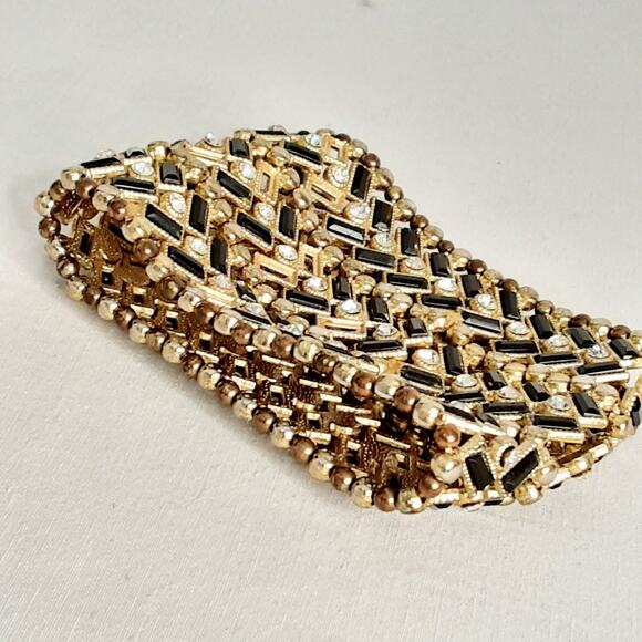 Beaded Wide Stretch Bracelet Chevron Design Gold Tone Black Clear Stones - Picture 6 of 9